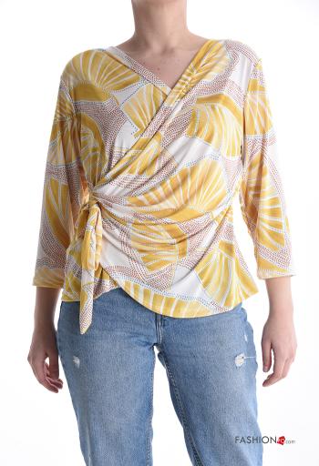 Blusa manga comprida Padrão abstrato com laço gola V